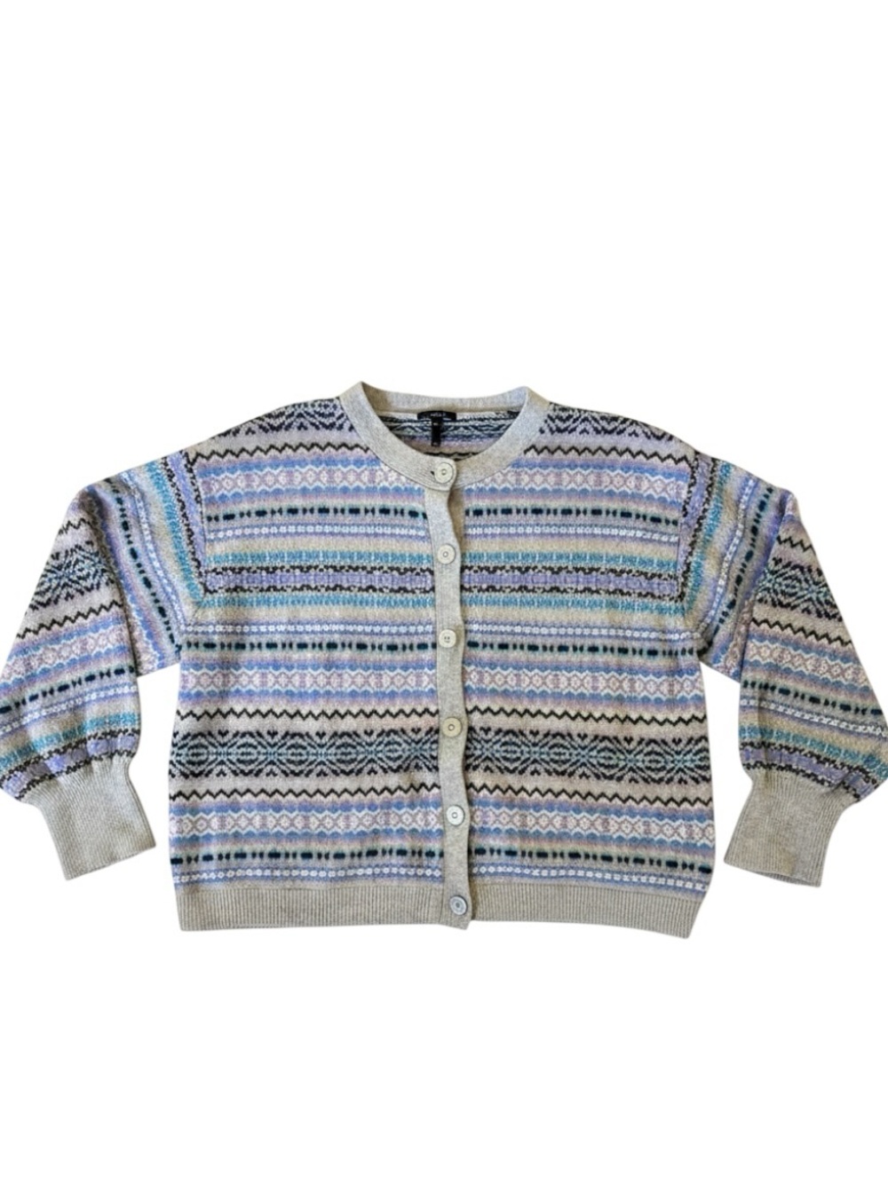 Talbots Lavender Blue Grey Crewneck Fairisle Cardigan XL - Picture 3 of 8